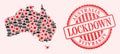 Covid Virus and Masked Men Mosaic Australia Map and Lockdown Grunge Stamp