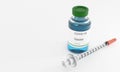 Covid-19 virus nCoV Concept. Virus vaccine for injection with syringe. Medicine bottle for injection. Medical glass vials and