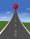 A Covid-19 virus is seen on an upward curving highway as people wonder where this pandemic road will takes us