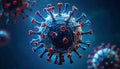 COVID-19 virus spikes visible, science microscopic view, dark blue backdrop Royalty Free Stock Photo