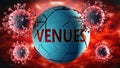 Covid-19 virus and venues, symbolized by viruses destroying word venues to picture that coronavirus outbreak destroys venues and
