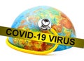 Covid 19 warning tape world globe with stethoskop