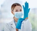 Covid woman doctor, face mask and gloves safety, medicine and risk in medical hospital, laboratory and clinic. Portrait