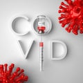 COVID word, a syringe, a vaccine bottle and virus cells.