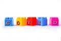 covid words are arranged in a rustic colorful lego cube. Suitable for children. Isolated on white background