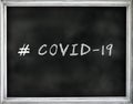 COVID-19 written text on black chalkboard with white frame. Royalty Free Stock Photo