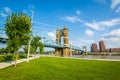 The Covington skyline and John A. Roebling Suspension Bridge, seen from Smale Riverfront Park, in Cincinnati, Ohio Royalty Free Stock Photo