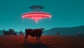 Cow abduction by aliens on a flying saucer in neon light at night in a field, generated by AI Royalty Free Stock Photo