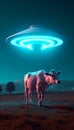 Cow abduction by aliens on a flying saucer in neon light at night in a field, generated by AI Royalty Free Stock Photo