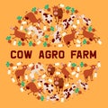 Cow agro farm banner vector illustration. Smiling cartoon animals with bottles of milk and vegetables. Fresh diary