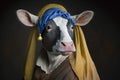 Cow Animal with a Pearl Earring in Johannes Vermeer style illustration generative ai