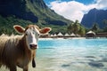A cow on the background of the island of Tahiti and the ocean. Journey