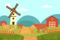 Cow on the background of summer rural landscape, farm and windmill vector Illustration in flat style Royalty Free Stock Photo