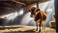 Cow in a barn with sun rays coming through the window. Royalty Free Stock Photo