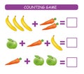 Counting game for preschool children. Educational a mathematical game. ÃÂ¡ount how many fruits and vegetables in each row and write