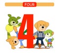 Four. Collection number for kindergarten and preschool. Learn number 4. Dogs.