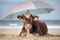A cow basks in the summer sun on the beach under an umbrella. Animal on warm sand surrounded