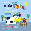 Cow and bird on the farm funny animal cartoon,vector illustration