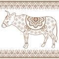 Cow with border elements in ethnic mehndi style. Vector black and white illustration isolated