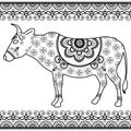 Cow with border elements in ethnic mehndi style. Vector black and white illustration isolated on white background