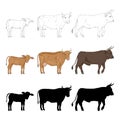 Cow, Bull and Calf. Sketch, Cartoon and Silhouette Illustration Set Royalty Free Stock Photo