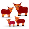 Cow, bull and two calves. Set of funny animals with cubs on white background. vector Royalty Free Stock Photo