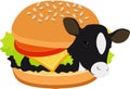 Cow burger of beef burger. Cow inside a hamburger. Concept of vegetarianism, veganism. Raster illustration isolated on