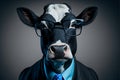 Cow business portrait dressed as a manager or ceo in a formal office business suit with glasses and tie. Ai generated