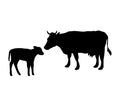 Cow and calf farm mammal black silhouette animal.