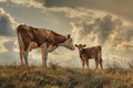 Cow and calf in the field on a beautiful summer day. Farm animals graze on the farmland. AI Generated