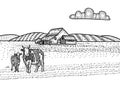 Cow and calf grazing on meadow. Farm Barn on the background. Hand drawn sketch illustration in engraving style Royalty Free Stock Photo