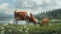 Cow and calf in green field on a beautiful summer day. Farm animals graze on the farmland. AI Generated