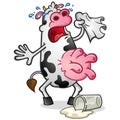 Cow cartoon mascot crying over spilled milk
