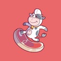 Cow character surfing on a beef vector illustration. Royalty Free Stock Photo