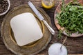 Cow Cheese. Fresh white cow cheese with lettuce salad radish salt pepper and olive oil Royalty Free Stock Photo