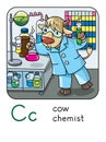 Cow chemist. Animals profession ABC. Alphabet C