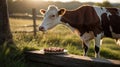 Cow Curious About Cupcakes in a Sunny Rural Pasture Scenery with Wood Fence Royalty Free Stock Photo