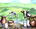 Cow and dairy products in ceramic and glassware. Against the backdrop of a rural landscape. Milk splash frame Royalty Free Stock Photo