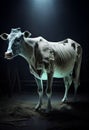 A cow in dark spots stands in a barn by moonlight. AI Generated Royalty Free Stock Photo