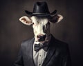 Cow dressed in an elegant suit with a hat and a nice tie.