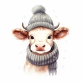 Cow dressed in winter clothing on solid white background.