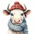 Cow dressed in winter clothing on solid white background.