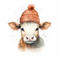 Cow dressed in winter clothing on solid white background.