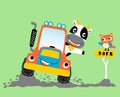 Cow driving tractor in farmyard with funny owl, vector cartoon illustration Royalty Free Stock Photo