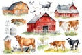 Cow, farm barn, countryside landscape watercolor illustration set, hand drawn farm animals, red barn with a tree, windmill, green Royalty Free Stock Photo