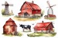 Cow, farm barn, countryside landscape watercolor illustration set, hand drawn farm animals, red barn with a tree, windmill, green