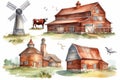 Cow, farm barn, countryside landscape watercolor illustration set, hand drawn farm animals, red barn with a tree, windmill, green Royalty Free Stock Photo