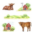 Cow, farm barn, countryside landscape watercolor illustration set. Hand drawn farm animals, red barn with a tree Royalty Free Stock Photo