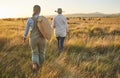 Cow farm, woman walking and back outdoor with management and farmer in field. Agriculture, sustainability and harvest Royalty Free Stock Photo