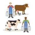 Cow and farmer holding big milk container pot Royalty Free Stock Photo